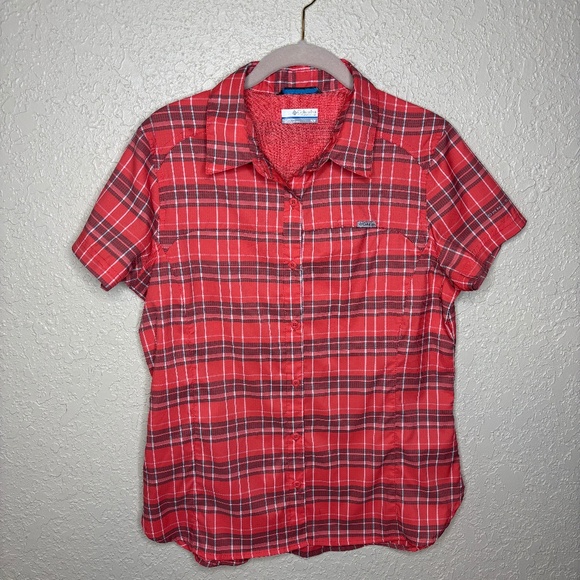 Columbia Omni-Shade Quick Dry Orange Plaid Button Down Top Women's Size Medium - Picture 1 of 11